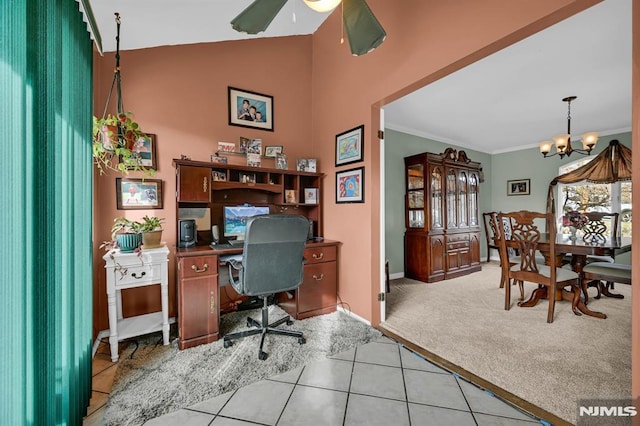 tiled home office featuring ceiling fan with notable chandelier and ornamental molding