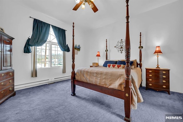 bedroom with baseboard heating, ceiling fan, and dark carpet