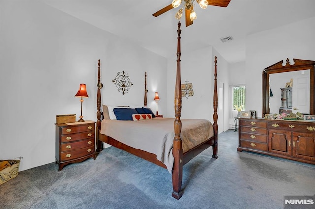 carpeted bedroom with ceiling fan and lofted ceiling