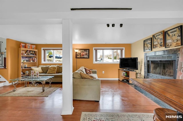 living room with hardwood / wood-style flooring and a wealth of natural light