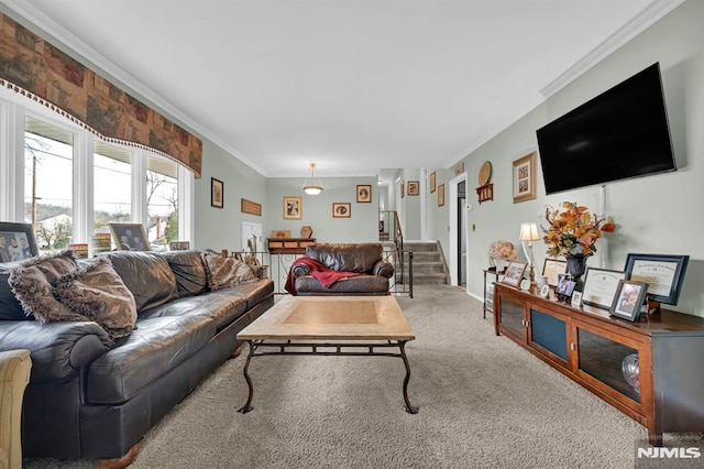 carpeted living room featuring ornamental molding