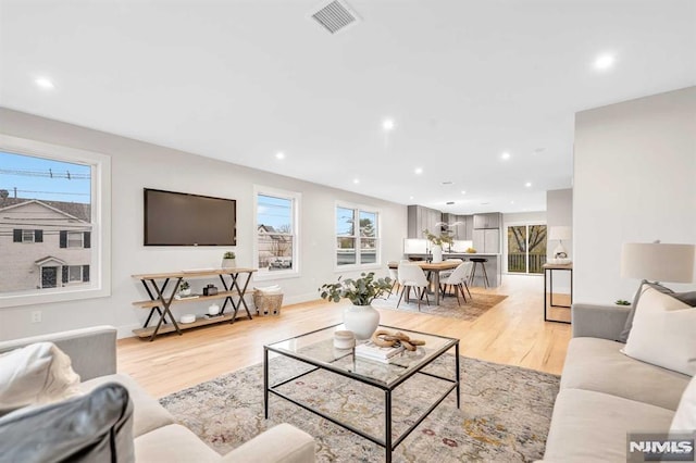 living room featuring plenty of natural light and light hardwood / wood-style floors