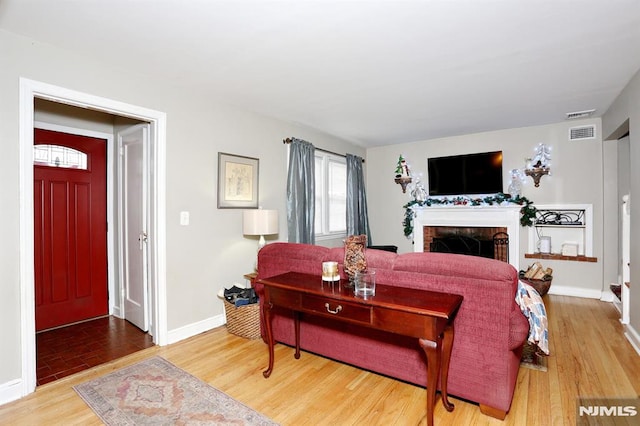 living room featuring hardwood / wood-style floors and a fireplace