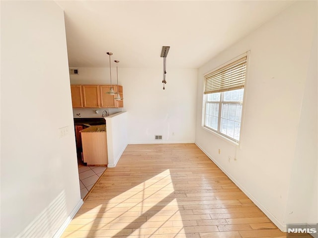 kitchen with pendant lighting and light hardwood / wood-style flooring