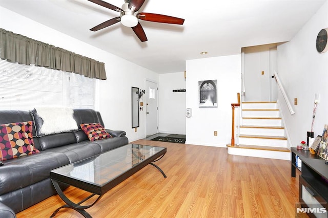 living room with ceiling fan and light hardwood / wood-style floors