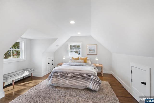 bedroom with dark wood-type flooring, vaulted ceiling, and multiple windows