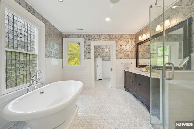 bathroom with vanity, a wealth of natural light, and a tub