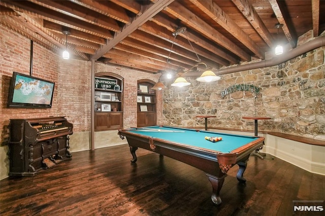 rec room featuring hardwood / wood-style floors, beam ceiling, wood ceiling, and billiards