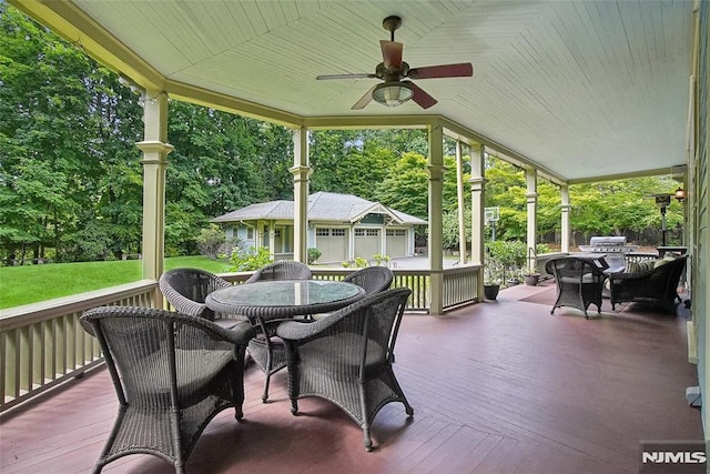 exterior space with ceiling fan, wooden ceiling, and vaulted ceiling