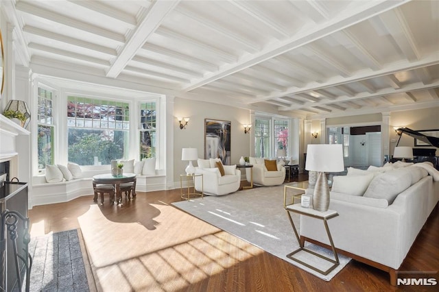 living room featuring beam ceiling, dark hardwood / wood-style flooring, and coffered ceiling