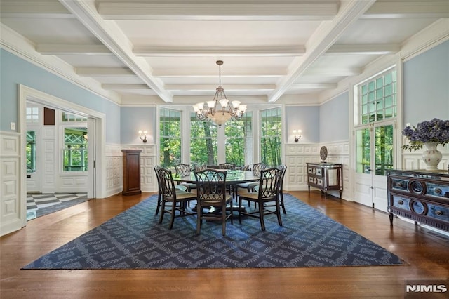 dining space with beam ceiling, a chandelier, and coffered ceiling