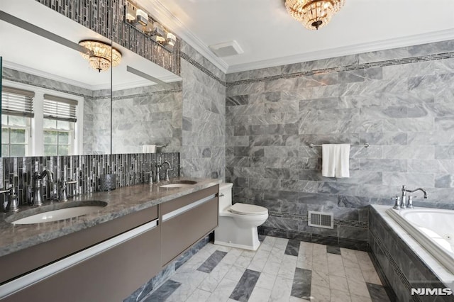 bathroom featuring vanity, tile walls, and crown molding