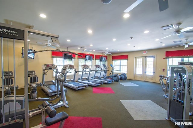 exercise room featuring french doors, carpet flooring, and ceiling fan