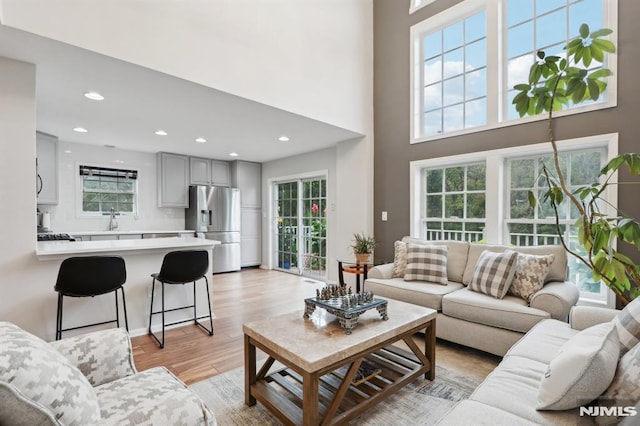 living room featuring a high ceiling, light wood-type flooring, and sink