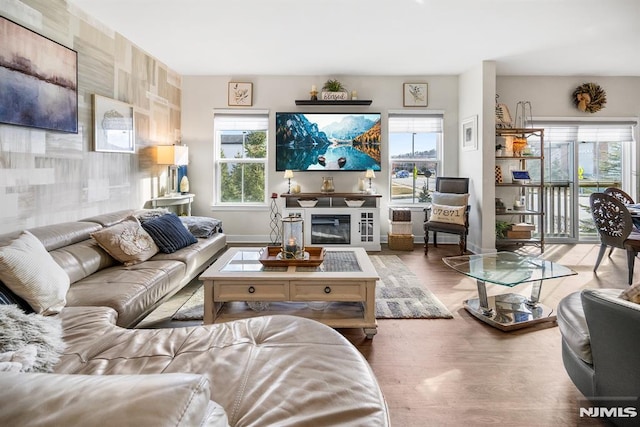 living room featuring a large fireplace, light hardwood / wood-style flooring, and plenty of natural light