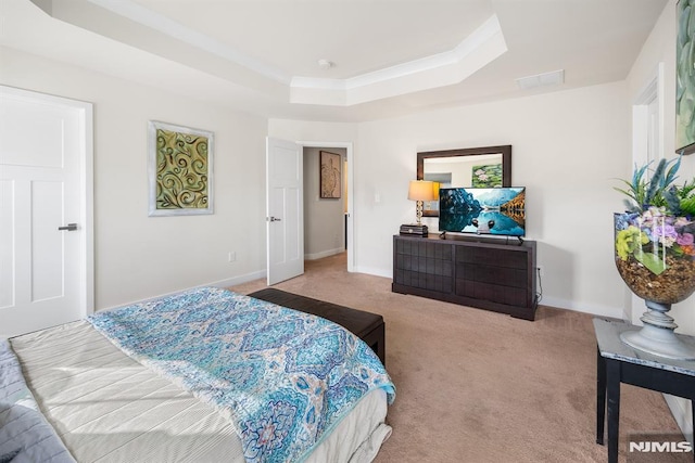 bedroom featuring carpet and a tray ceiling