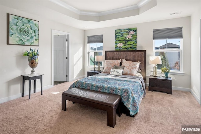 carpeted bedroom with a tray ceiling and crown molding