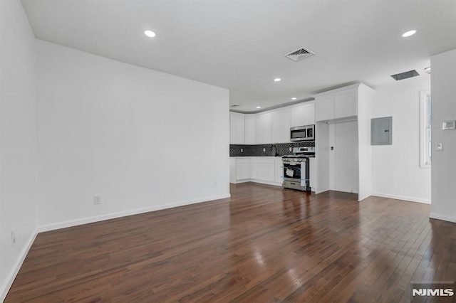 unfurnished living room featuring electric panel and dark hardwood / wood-style flooring