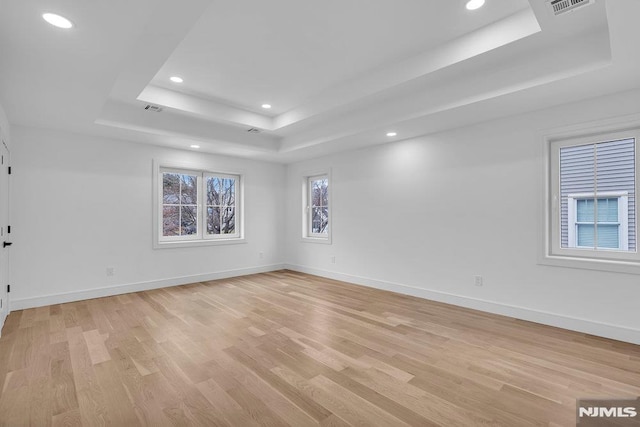 spare room featuring light hardwood / wood-style floors and a raised ceiling