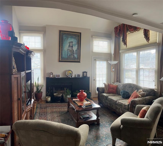 living room with a towering ceiling