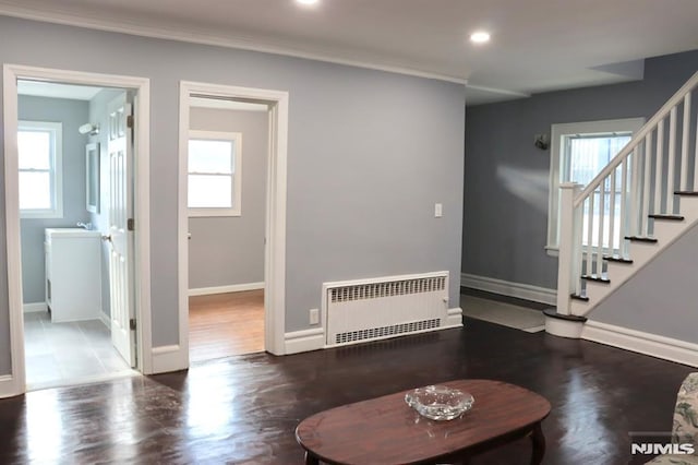 entrance foyer with dark hardwood / wood-style flooring, plenty of natural light, and radiator