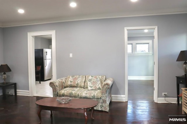 living area featuring dark wood-type flooring and ornamental molding