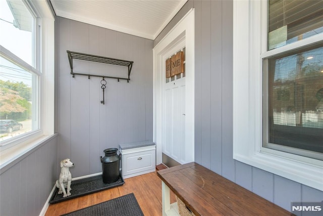 mudroom featuring wood walls, crown molding, and light hardwood / wood-style flooring