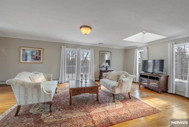 living room with a skylight, a wealth of natural light, and ornamental molding