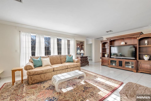 tiled living room with ornamental molding