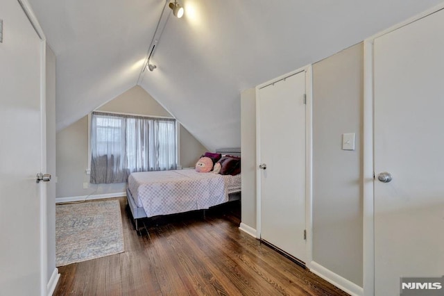 bedroom with lofted ceiling and dark wood-type flooring