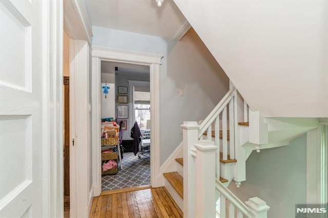 staircase featuring hardwood / wood-style flooring