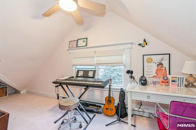 misc room featuring carpet flooring, ceiling fan, and lofted ceiling