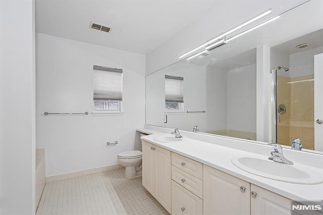 full bathroom with separate shower and tub, vanity, and toilet