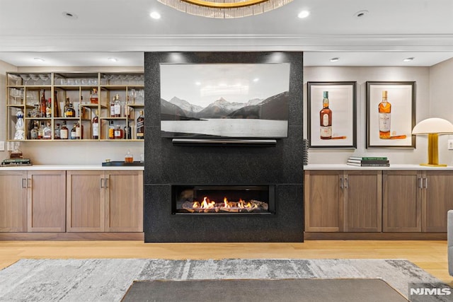 bar featuring a fireplace and light wood-type flooring