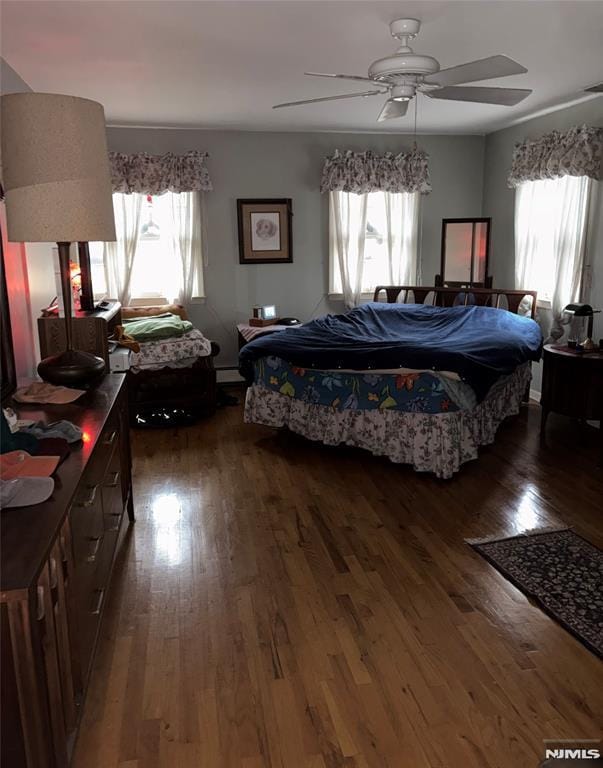 bedroom featuring multiple windows, ceiling fan, a baseboard radiator, and dark hardwood / wood-style floors