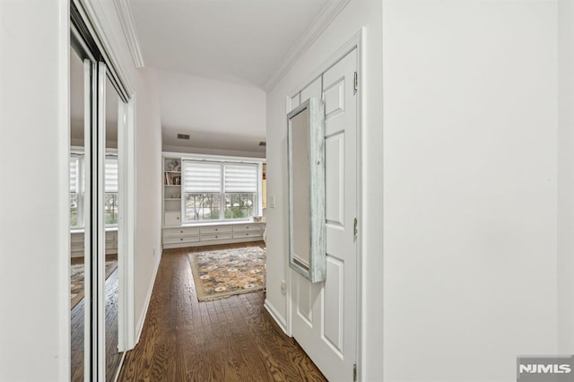 hallway featuring ornamental molding and dark wood-type flooring