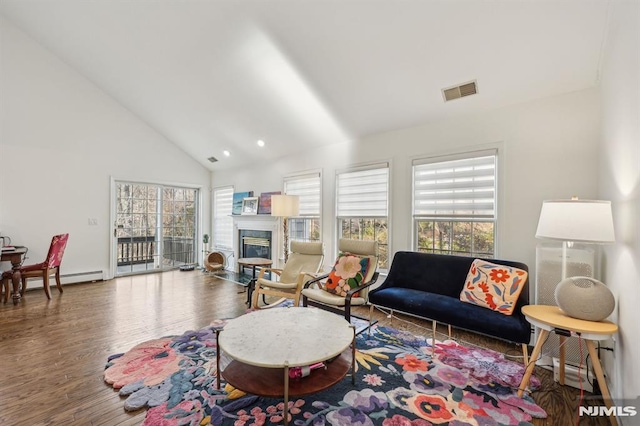 living room with high vaulted ceiling, wood-type flooring, a baseboard radiator, and a healthy amount of sunlight