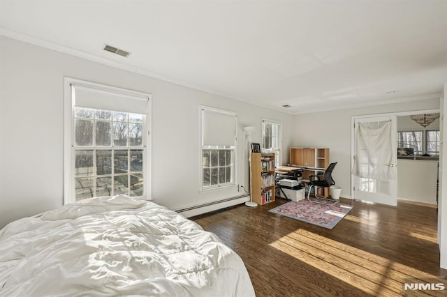 bedroom with baseboard heating, dark wood-type flooring, and crown molding