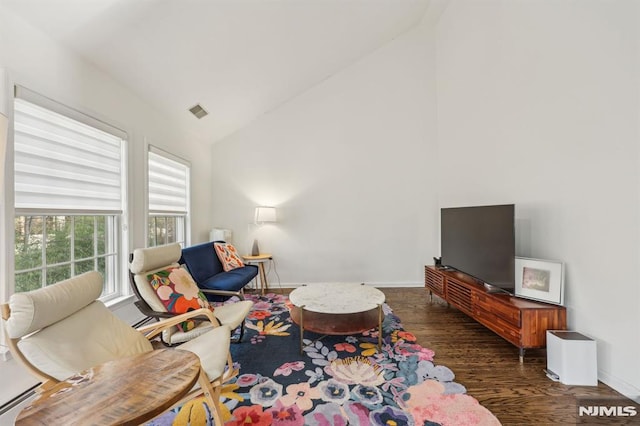 living room featuring vaulted ceiling and dark wood-type flooring