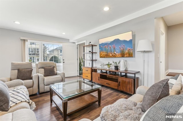 living room with dark hardwood / wood-style flooring