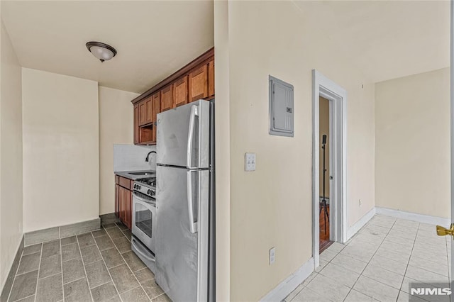 kitchen featuring electric panel, decorative backsplash, sink, and stainless steel appliances