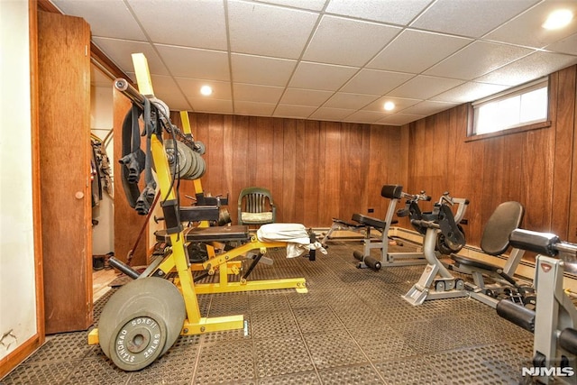 exercise area featuring wood walls