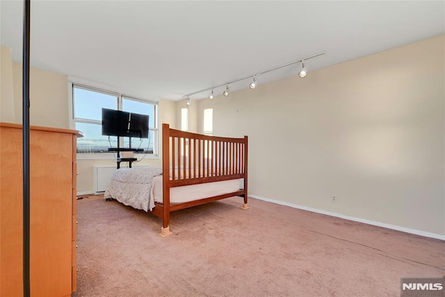 unfurnished bedroom featuring carpet flooring and rail lighting