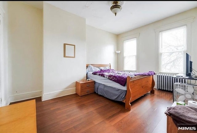 bedroom with radiator and dark hardwood / wood-style floors