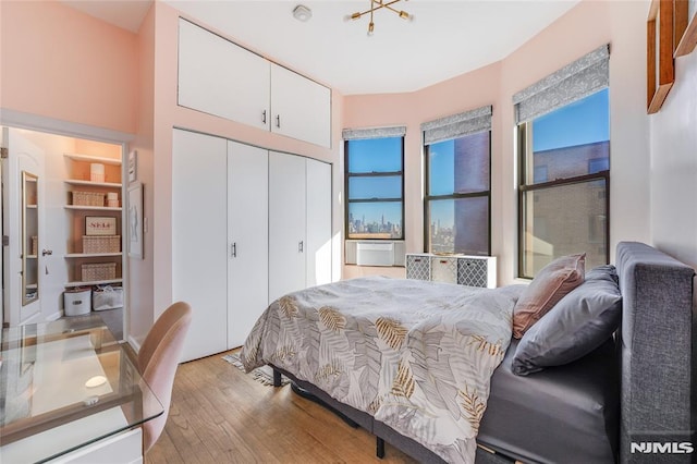 bedroom with light wood-type flooring and a closet