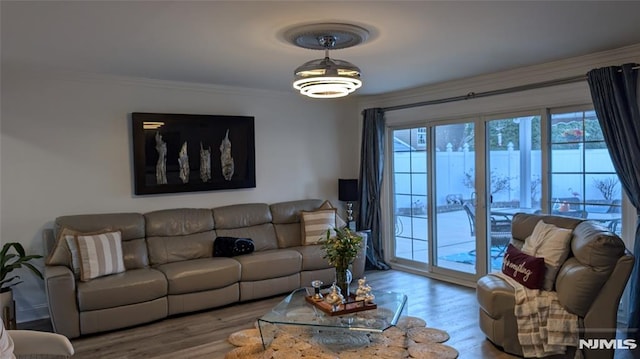 living room with crown molding and wood-type flooring