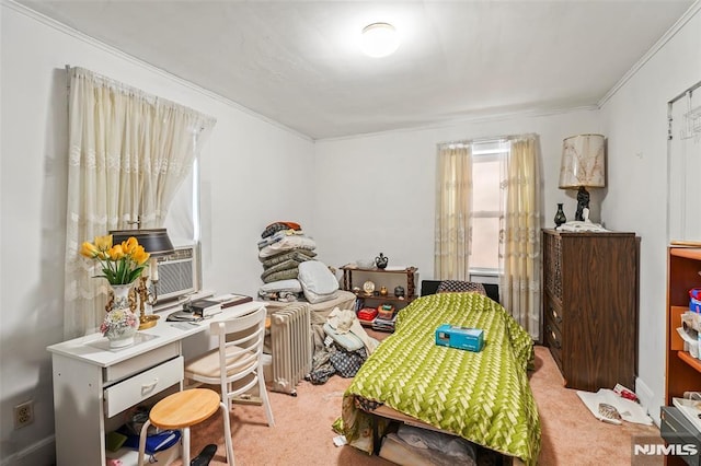 office featuring radiator, carpet floors, cooling unit, and ornamental molding