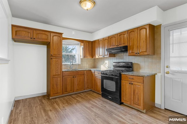 kitchen with sink, black range with gas stovetop, decorative backsplash, and light hardwood / wood-style flooring