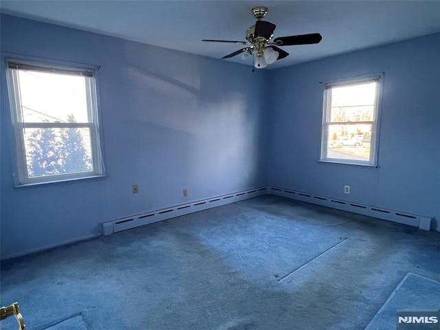 unfurnished room with ceiling fan, carpet floors, and a baseboard radiator