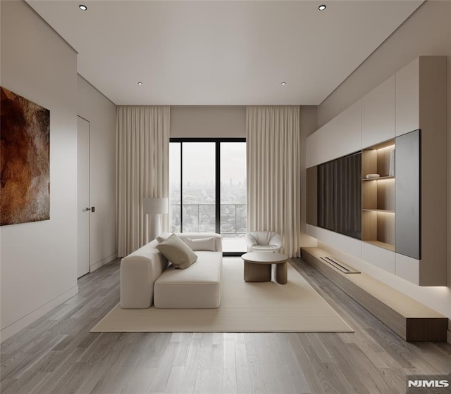 living room featuring light wood-type flooring and built in features